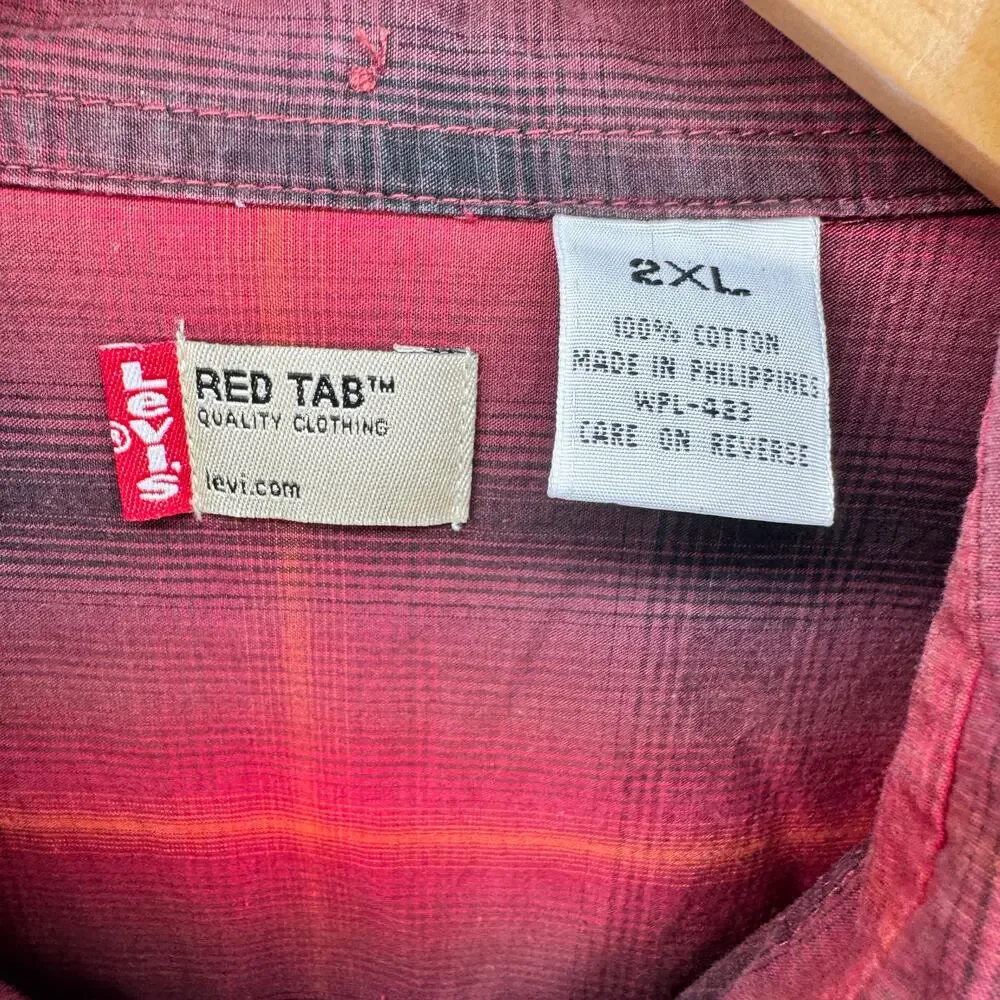 Levi's Shirt Mens 2XL Red Plaid Button Down‎ Red Tab Long Sleeve Cotton Vintage